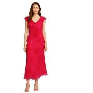 Paradise NY Pink Red Floral Beaded Midi Dress Bias Cut Y2K Romantic Boho (XL)